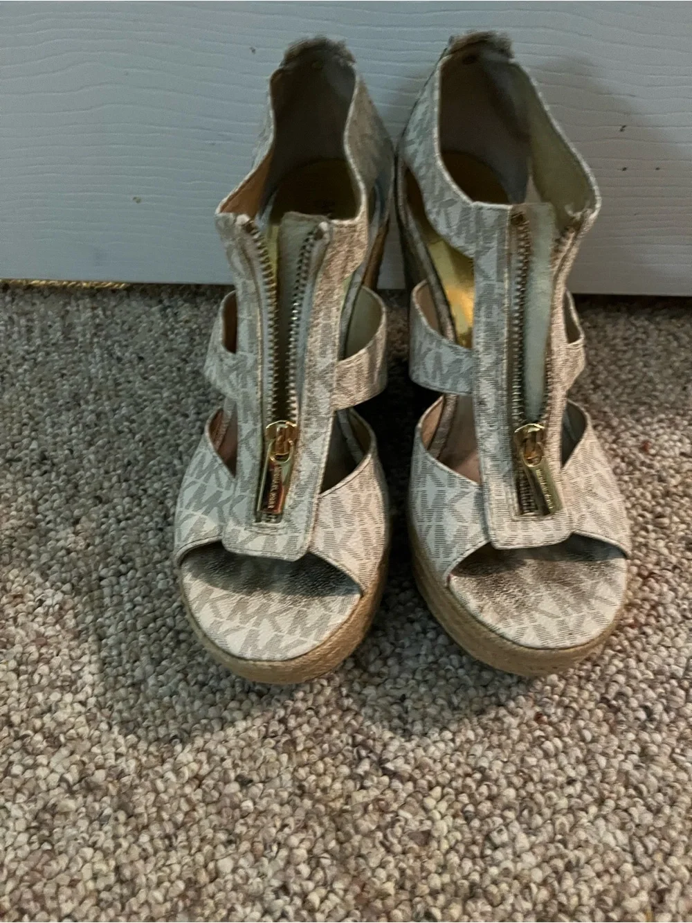 Michael Kors Beige Logo Front-Zip Espadrille Wedge Sandals